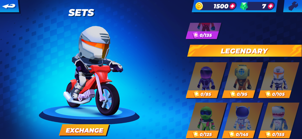 Speedway Heroes - スピードウェイ・ヒーローズのメニュー画面。伝説のキャラクターコスチュームとバイクに乗ったレーサーが表示されている。