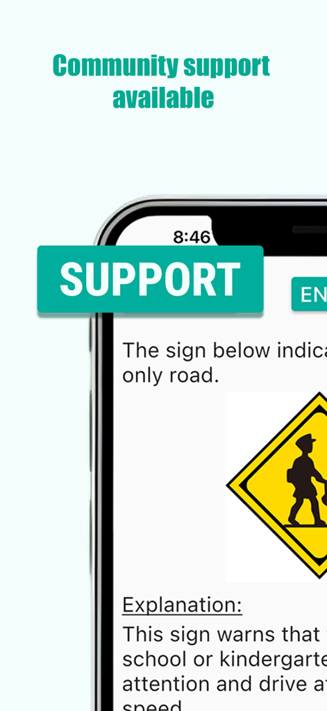 KariHonmen - Karimen & Honmen - Interfaz de la aplicación KariHonmen que muestra una explicación de señales de tráfico en inglés con opciones de soporte comunitario