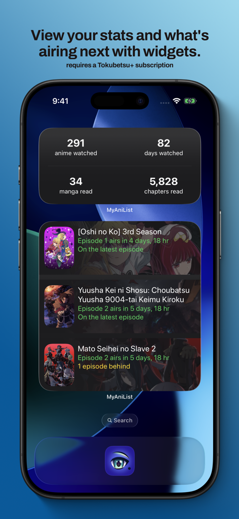 Pantalla de inicio del iPhone mostrando widgets de la aplicación MyAniList con estadísticas de anime y próximo horario de emisión