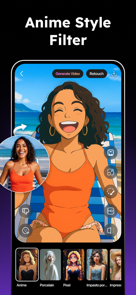 Collart AI photo generator interface showing a beach photo transformed into an anime style illustration