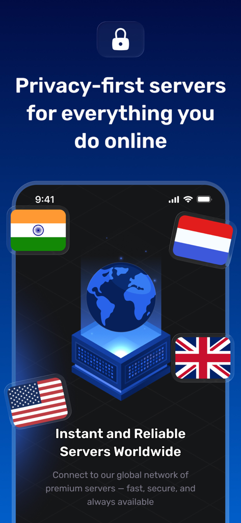 iPhone screen showing the HiddenShelter VPN app interface with a globe and country flags for USA, UK, India, and Netherlands indicating worldwide server locations.