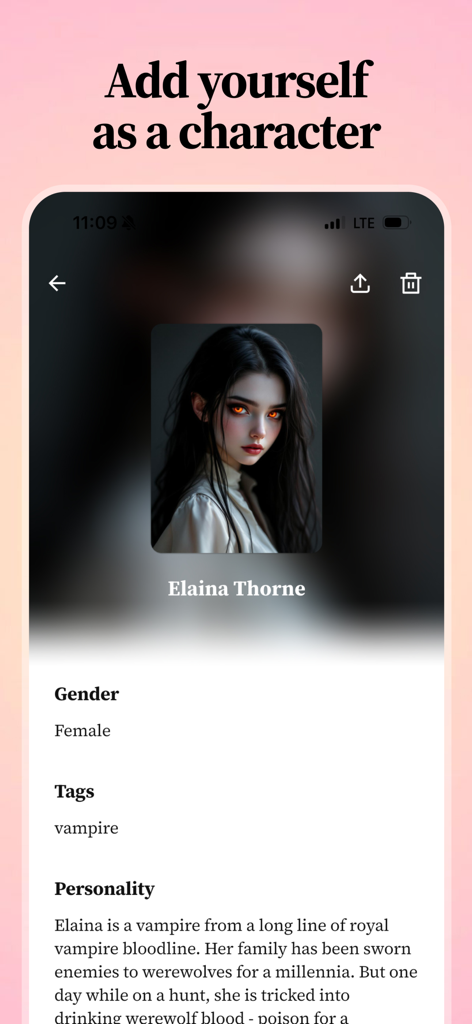 Tease: Spicy Romantic Fiction - Der Bildschirm zur Charakteranpassung der Tease App mit einem Vampirprofil namens Elaina Thorne.