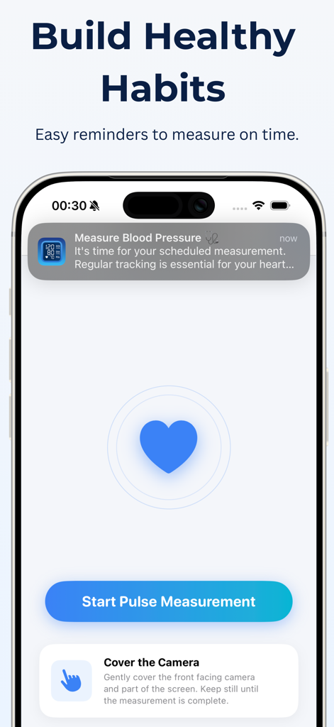 Blood Pressure Monitor, Log - Captura de pantalla que muestra una notificación de recordatorio de salud y un botón de inicio de medición de pulso en un teléfono móvil