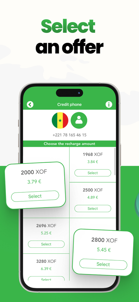 Sift Phone Recharge & Top up - A mobile application interface showing various phone credit top-up offers in XOF and Euros for a Senegalese phone number