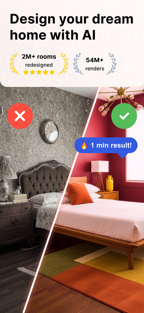 Magic App: AI Interior Design - Before and after comparison showing a bedroom redesigned from traditional to modern style using AI
