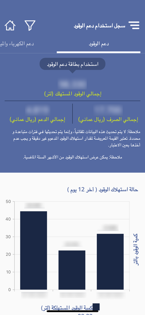 National Subsidy System app dashboard displaying fuel consumption statistics and a bar chart
