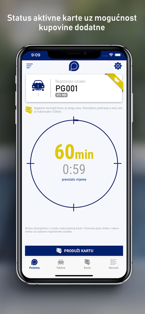 Parking Servis Podgorica app screen displaying an active parking session timer and license plate information