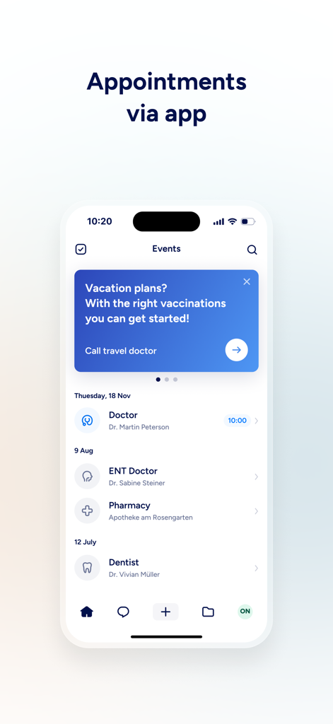 ottonova mobile app screen showing a list of scheduled medical appointments and a travel doctor consultation prompt