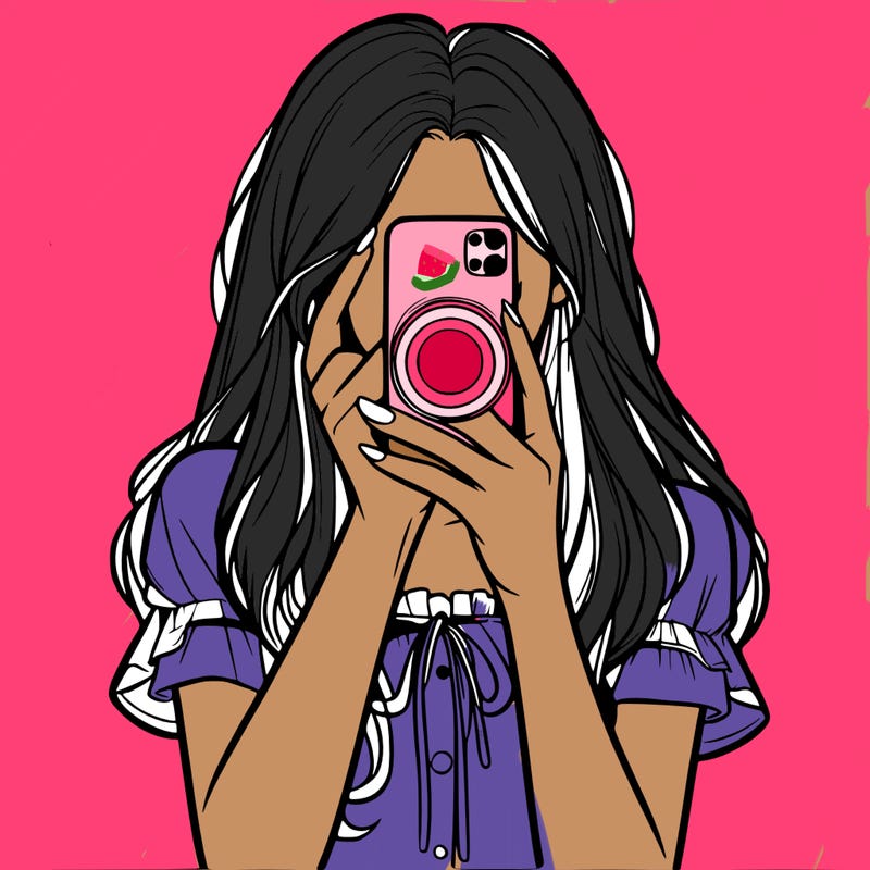 a realistic girl holding her phone taking pictures