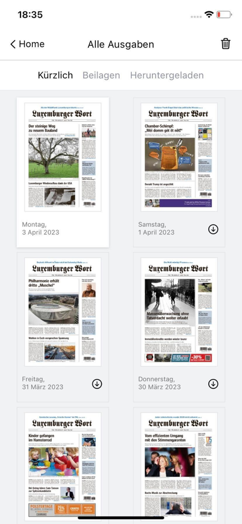 Wort E-Paper - Ein Raster aktueller Zeitungs-Ausgaben, angezeigt in der Wort E-Paper Mobile App
