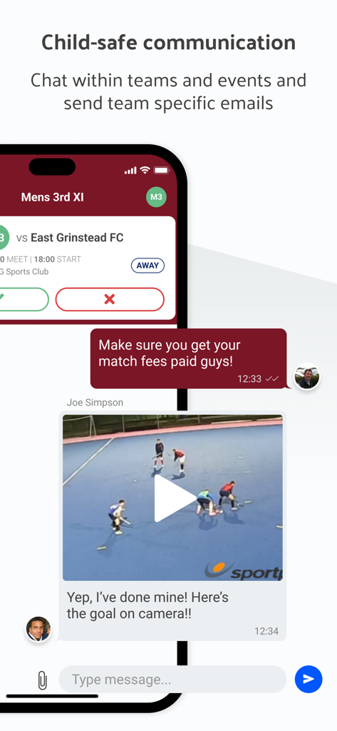 Capture d'écran de l'application Teamo montrant l'interface de discussion d'équipe sécurisée pour les enfants avec messages et vidéo partagée