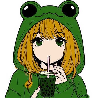 realistic girl drinking boba with frog hoodie on