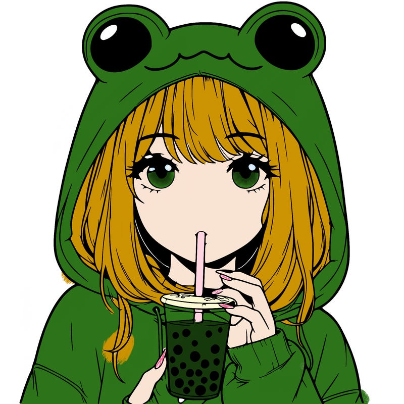 realistic girl drinking boba with frog hoodie on