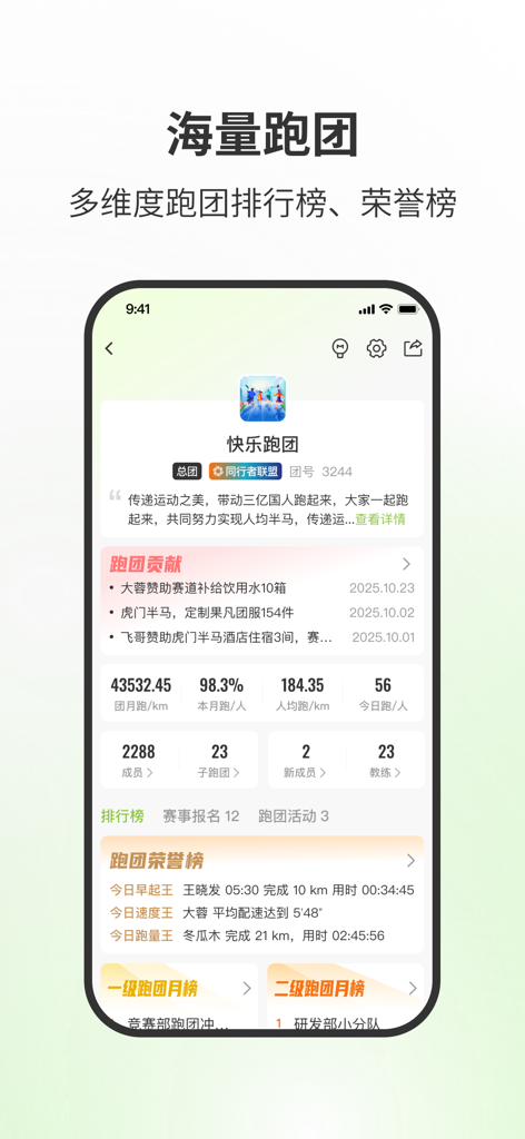 第一赛道 - 科学无伤跑向非凡 - First Trackアプリのインターフェイスに、ランニンググループの統計情報とコミュニティのランキングが表示されています。