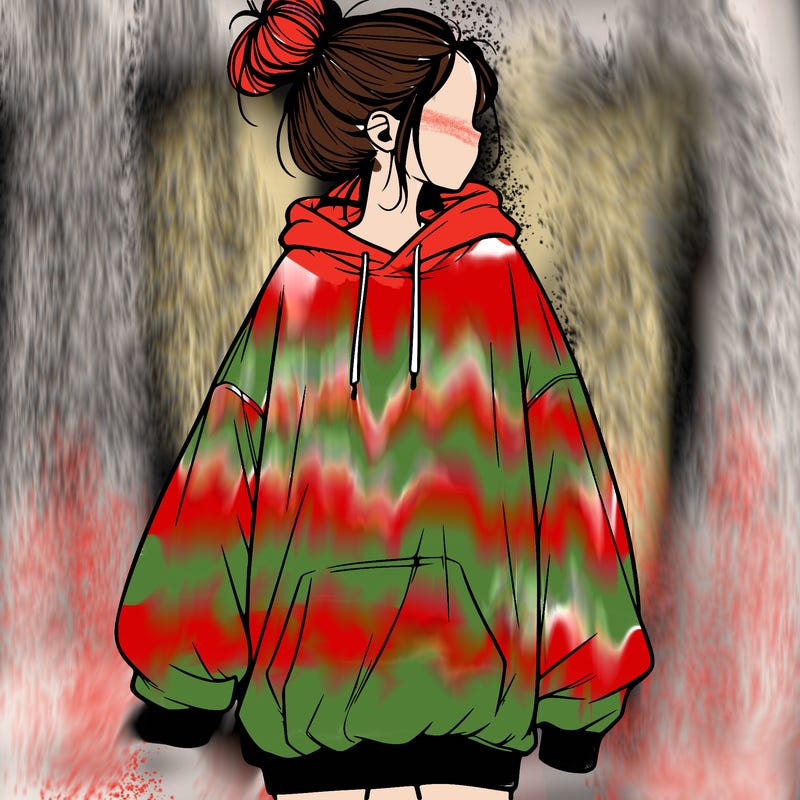 realistic girl with a oversized sweatshirt on and a bun