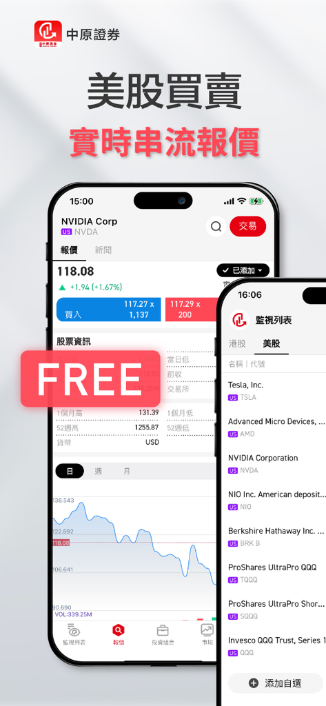 中原證券 Centaline Securities - Centaline Securities mobile app showing US stock trading interface and real-time market quotes.