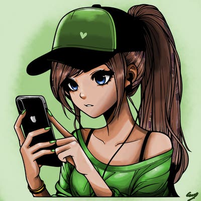realistic girl with a long ponytail and trucker hat holding an iphone