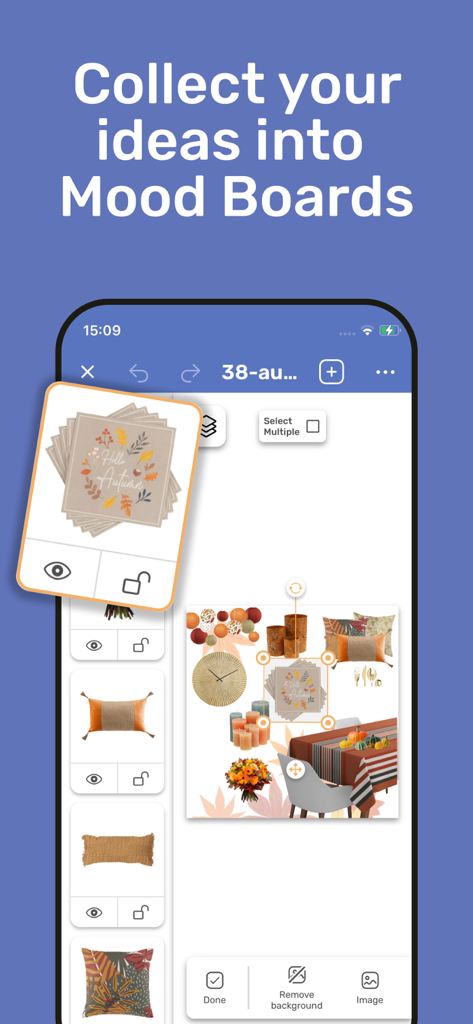 秋のホームデコレーション要素を備えたインテリアデザインのムードボードを表示するスマートフォンの画面。