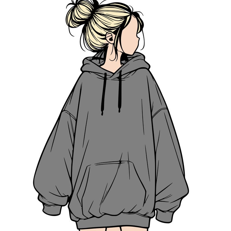 realistic girl with a oversized sweatshirt on and a bun
