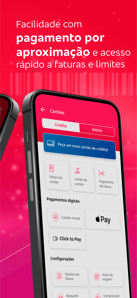 Tela do aplicativo móvel do Banco Bradesco mostrando gerenciamento de cartão de crédito, pagamentos digitais e configurações.