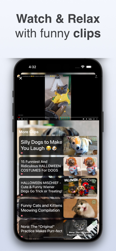 Dog & Cat Translator: Pet Chat - Interface of the Dog and Cat Translator app showing a gallery of funny pet video clips.