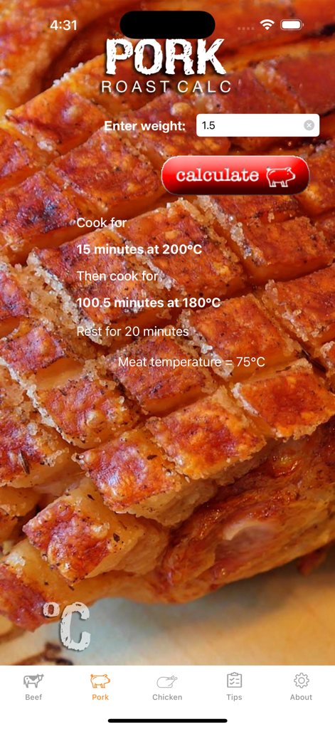Roast Calc - Roast Calc app interface showing the calculated cooking times and oven temperatures for a pork roast