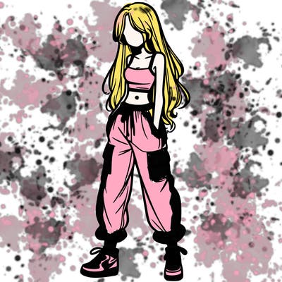 girl in baggy pants crop top and long hair