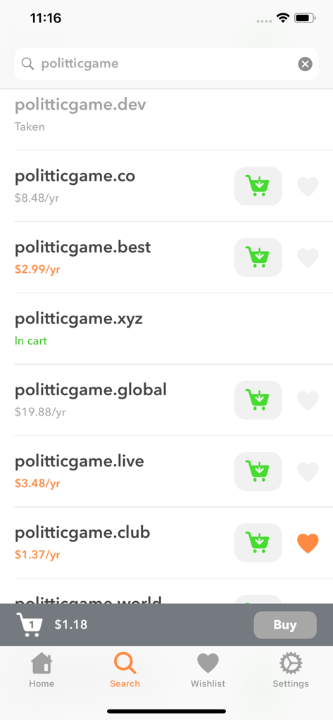 Pantalla de resultados de búsqueda de dominios de la aplicación móvil Namecheap para politticgame con varias extensiones y precios