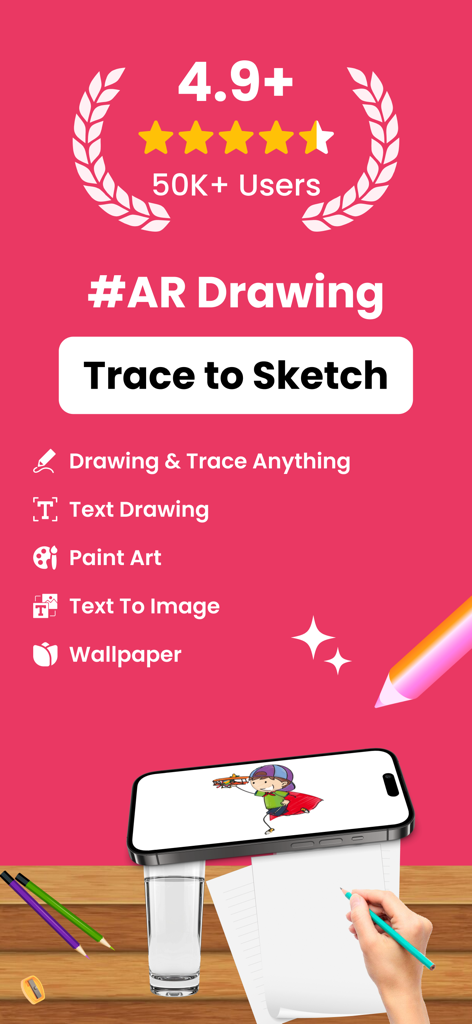 AR Draw : Sketch & Art Maker - Promotional screen for AR Drawing app showcasing the trace to sketch feature with a phone projecting an image onto paper.