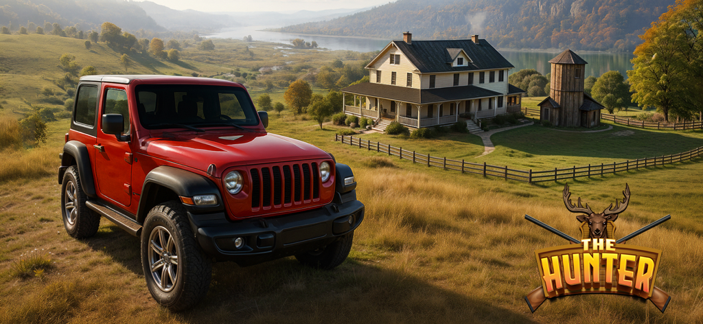 Un vehículo todoterreno rojo aparcado en una colina cubierta de hierba con vistas a una granja y un río con el logo del juego Hunter.