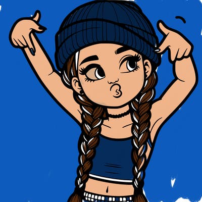 realistic teenage girl with braids and a beanie and crop top doing 🫶🏼