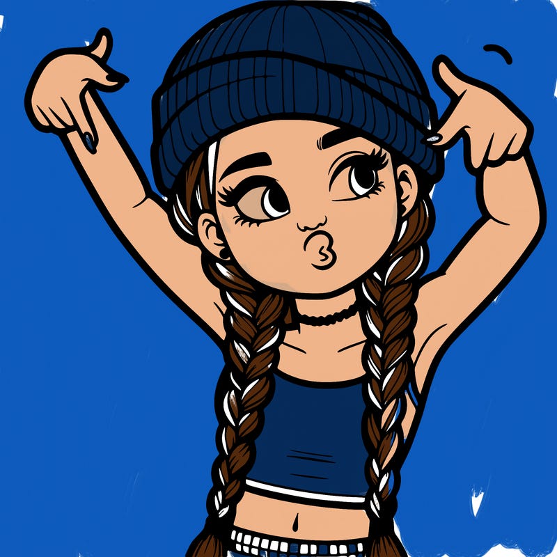 realistic teenage girl with braids and a beanie and crop top doing 🫶🏼