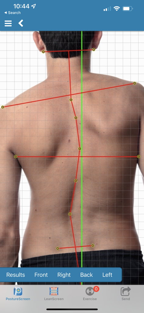 A digital posture assessment showing spinal alignment and shoulder leveling on a grid overlay from the back view