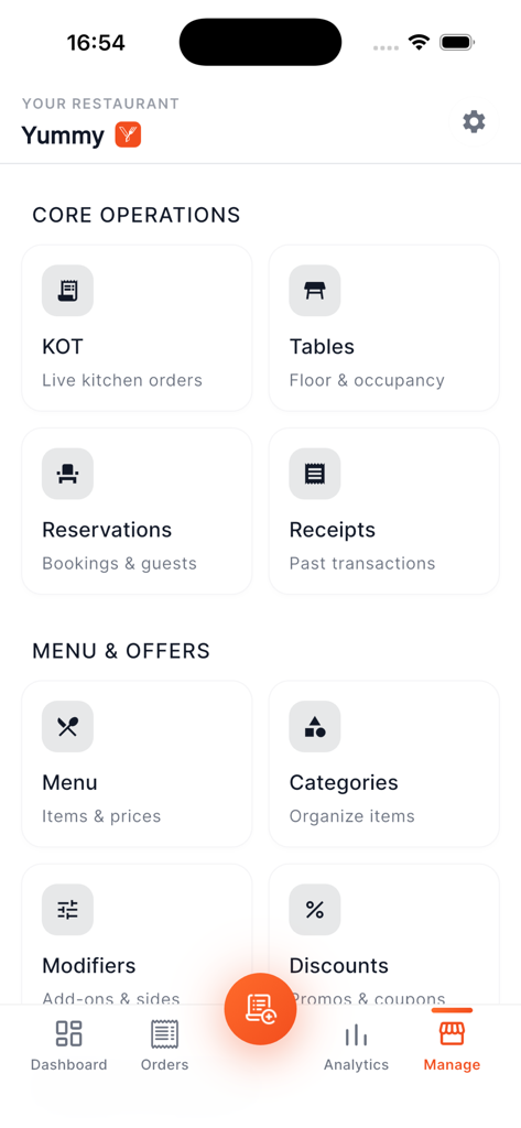 Panel de gestión de la aplicación Yummy POS que muestra las operaciones del restaurante y la configuración del menú.