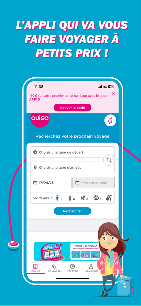 Schermata di ricerca dell'app mobile OUIGO per biglietti ferroviari low-cost in Francia con un banner promozionale.