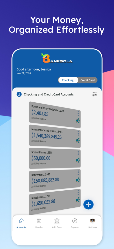 Banksola: Budget Planner - Panel de la aplicación Banksola que muestra una lista de cuentas corrientes y tarjetas de crédito, incluyendo préstamos estudiantiles e inversiones