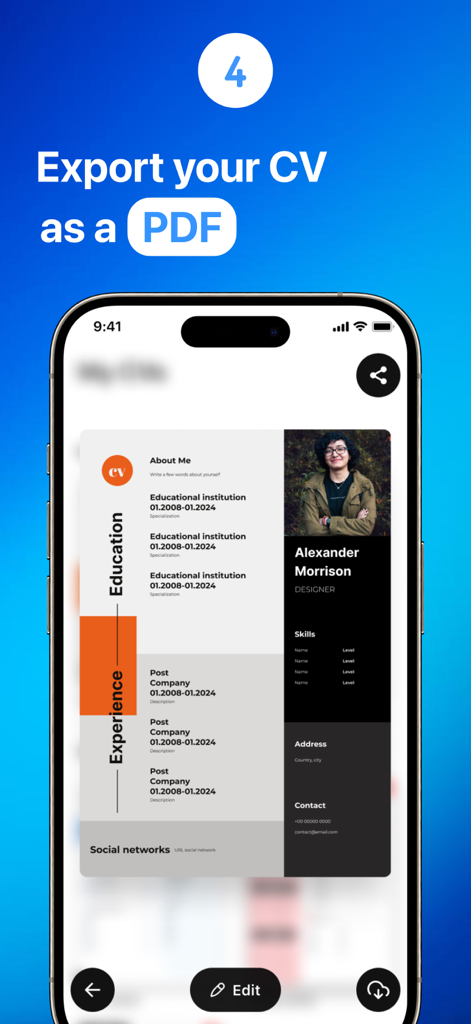 CV Maker & Resume Builder app - Una plantilla de currículum de diseñador profesional que se muestra en la pantalla de un iPhone con una función para exportar el CV como PDF.