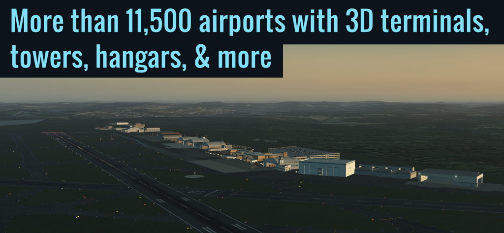 Terminais de aeroporto e hangares 3D detalhados no X-Plane Flight Simulator ao anoitecer