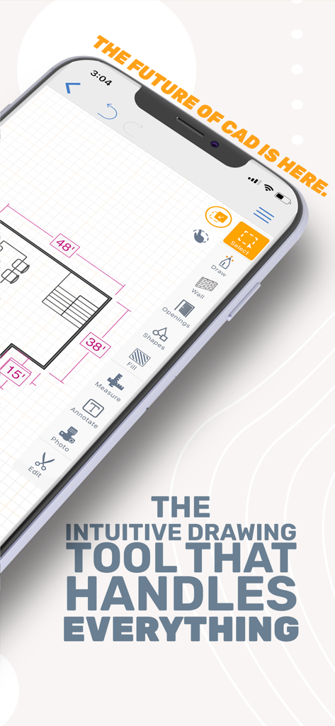 ArcSite: Floor Plans and CAD - Smartphone mostrando la interfaz de la aplicación ArcSite con un plano de planta CAD detallado y herramientas de dibujo profesionales