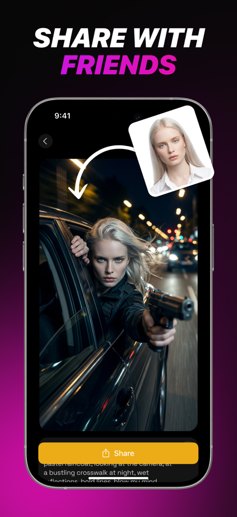 PixVerse AI - Video Generator - Ein Screenshot der PixVerse AI-App, der ein KI-generiertes cineastisches Action-Foto und eine Teilen-Schaltfläche zeigt