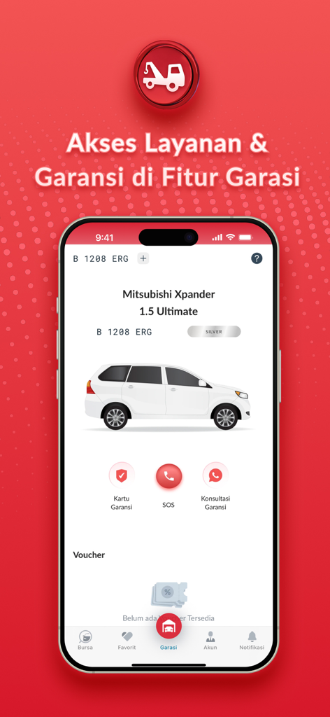 OTOS - Garansi & Bursa Mobil - OTOS mobile app screen showing the virtual garage feature with car details, warranty card, and SOS emergency service buttons.