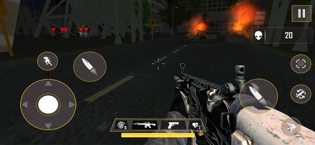 FPS Gun Commando Shooting Game first person view of rifle combat in a city at night