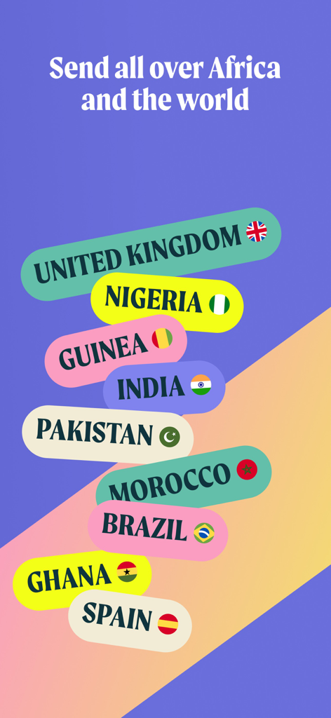 MONI | Mobile & Prepaid topups - Gráfico que muestra los destinos de recarga internacional de la aplicación MONI, incluyendo Nigeria, India, Marruecos y Ghana