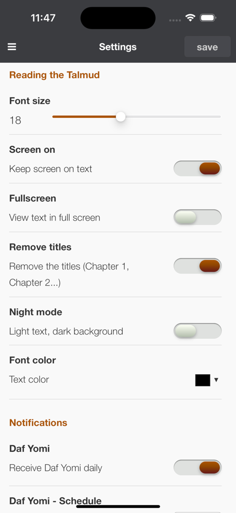 Talmud Now - Einstellungsmenü der Talmud Now-App mit Optionen zur Anpassung der Schriftgröße und Benachrichtigungen für Daf Yomi.