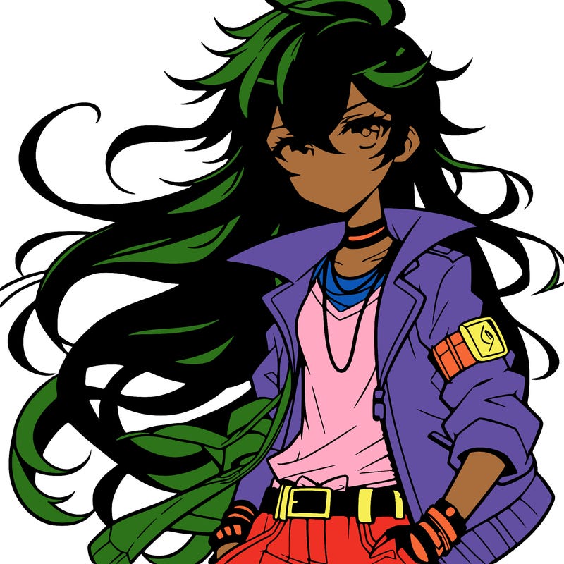 anime cool tomboy with flowing black hair and cool outfit