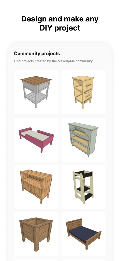 A collection of 3D furniture models including beds and tables designed by the MakeByMe community.