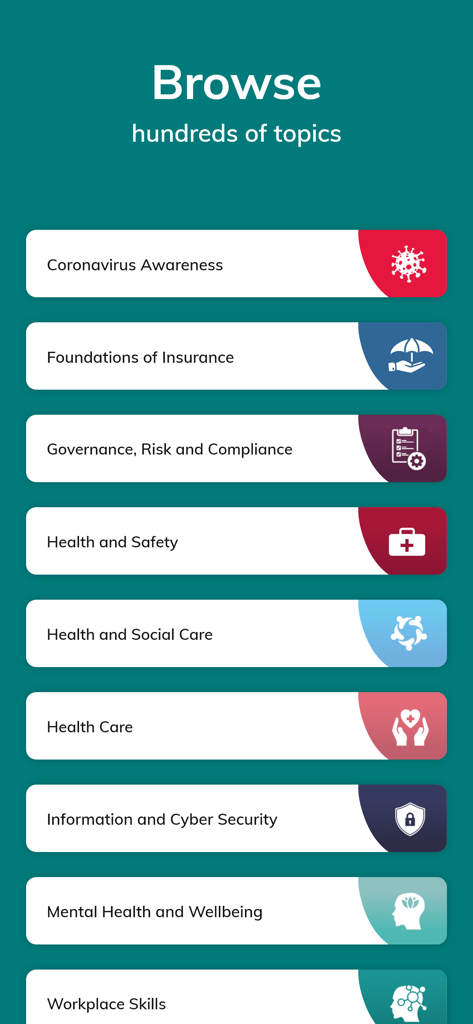 Access Learning - Access Learning app screen displaying professional training categories like Health and Safety and Cyber Security