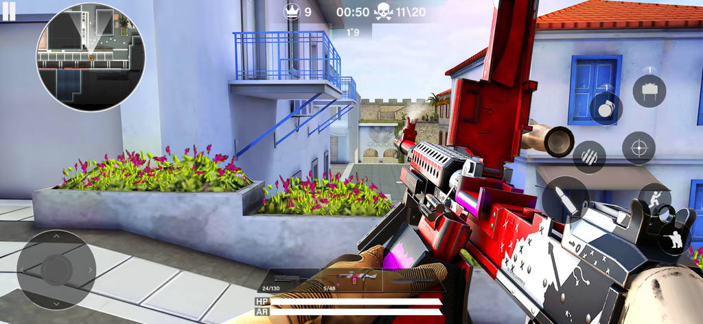 Hazmob FPS: Online Shooter - First person view of tactical combat in Hazmob FPS online shooter featuring a customized skin weapon on an urban map