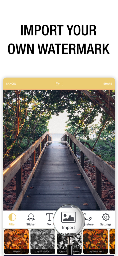 Watermark Maker: Add Signature - A mobile app interface displaying a photo of a wooden boardwalk with options to import a custom watermark and apply filters.