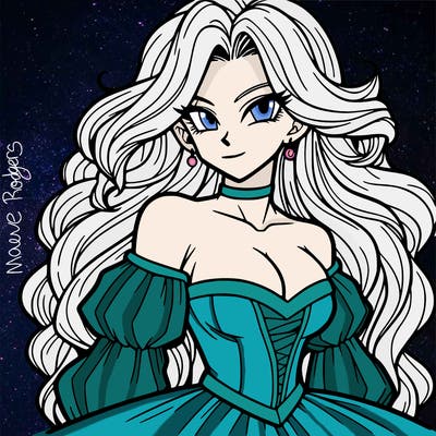 dbz anime woman, beautiful, elegant, long wavy hair, medieval dress